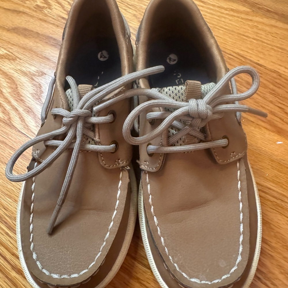 Sperry Kids Tan Boat Shoes with White Stitching